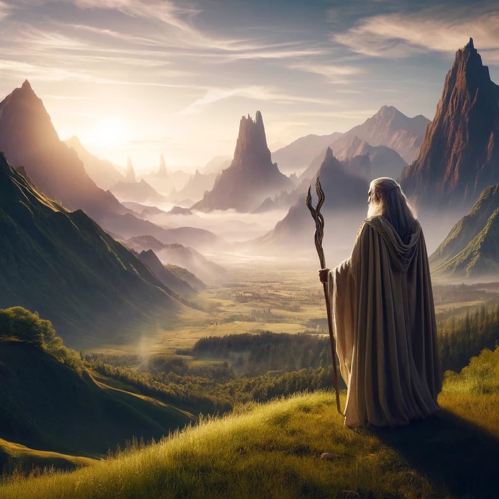 Mago con bastón estilo Gandalf contempla un valle montañoso al amanecer, guiando el camino