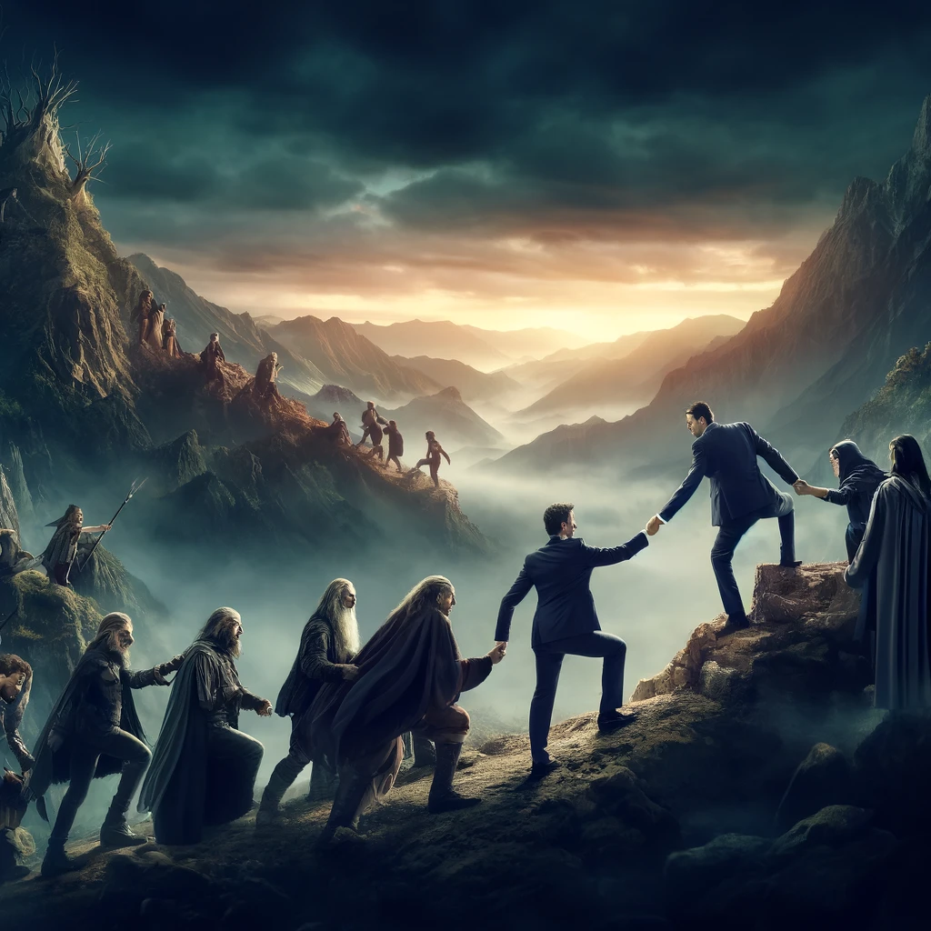Ejecutivos y personajes fantásticos se ayudan a escalar una montaña, símbolo de resiliencia en equipo