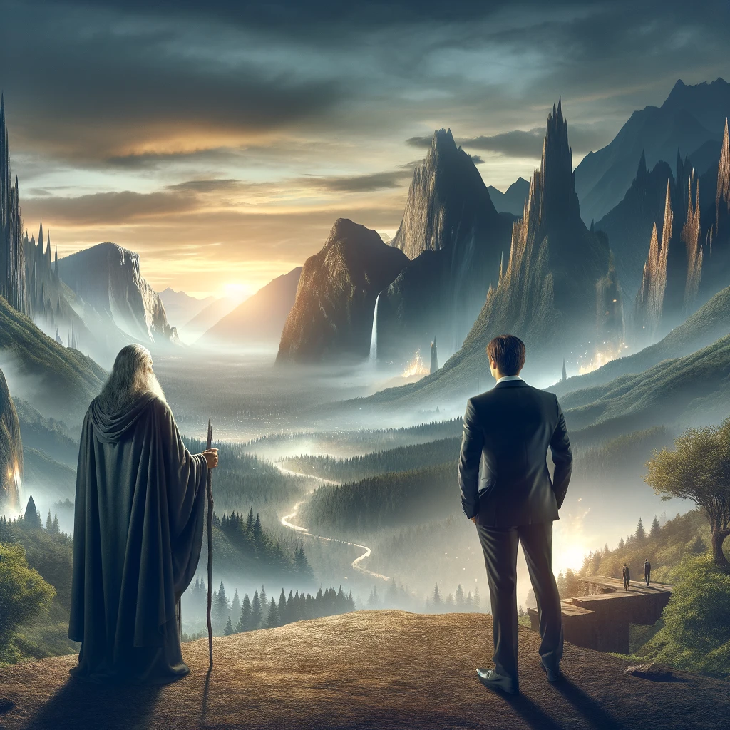 Mago y ejecutivo de traje miran juntos un valle al horizonte, evocando la visión a largo plazo