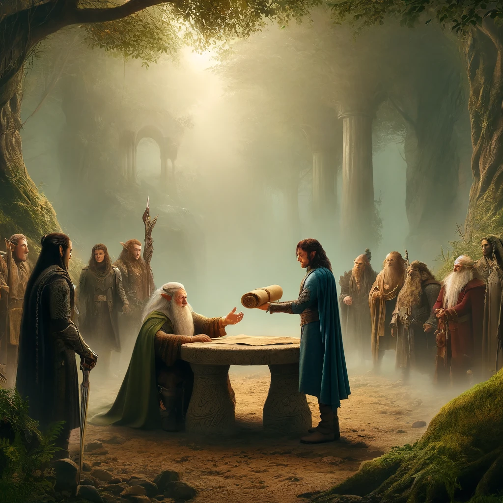 Mago entrega un encargo a un ejecutivo en un bosque, escena que ilustra confianza y delegación