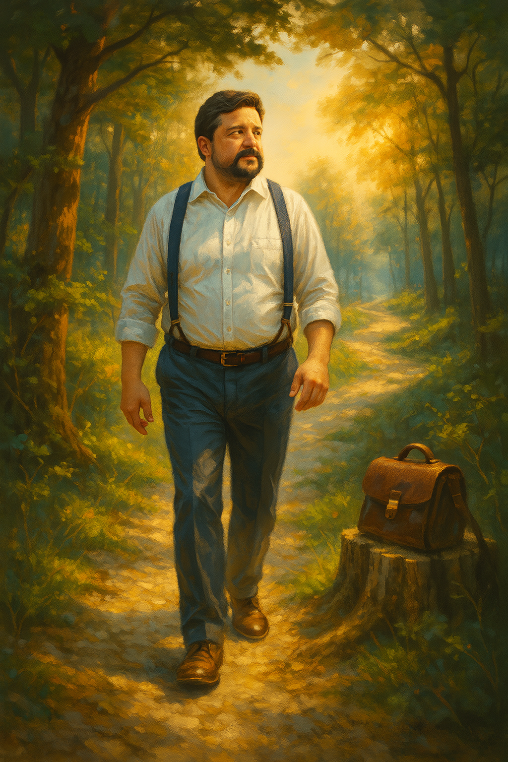 Pintura de un hombre con tirantes caminando solo por un sendero de bosque iluminado, dejando atrás un maletín