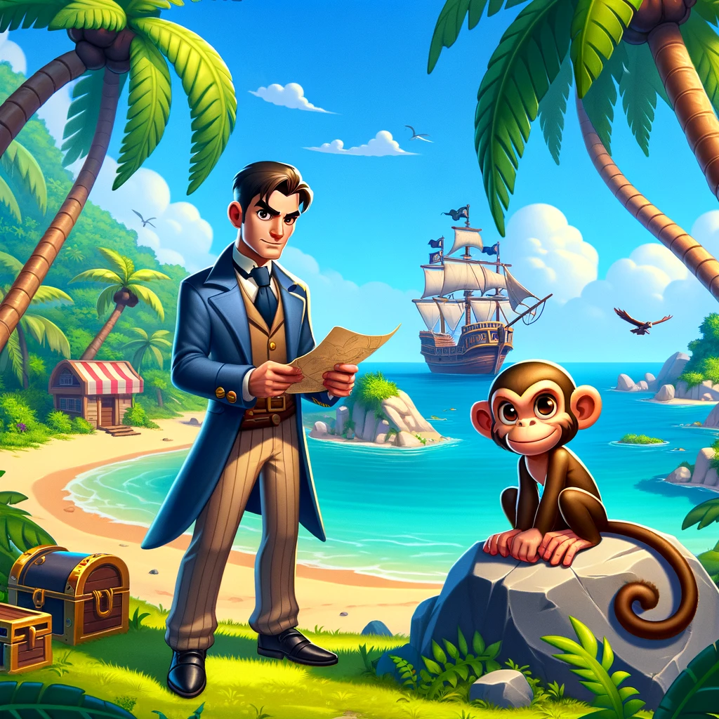 Ilustración de aventura gráfica estilo Monkey Island: detective en playa caribeña, barco pirata y mono