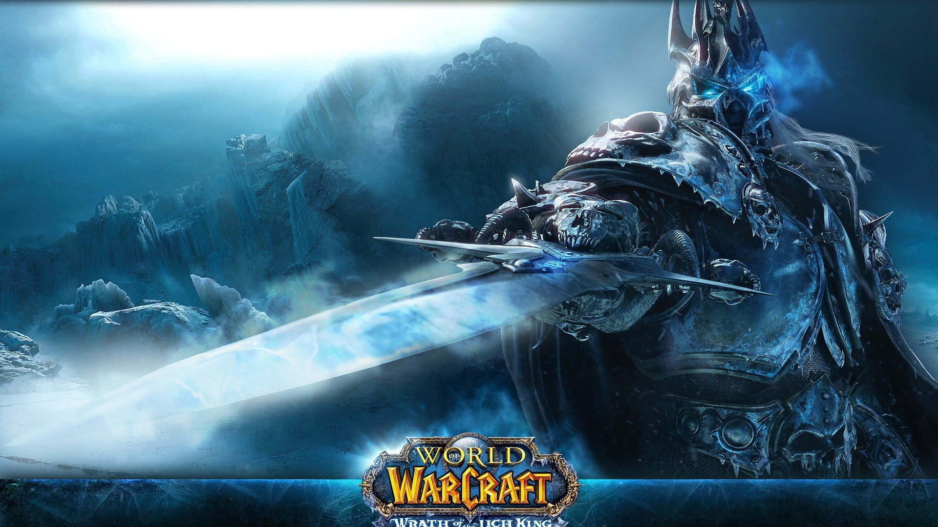 Cartel de World of Warcraft Wrath of the Lich King con el Rey Exánime empuñando su espada helada