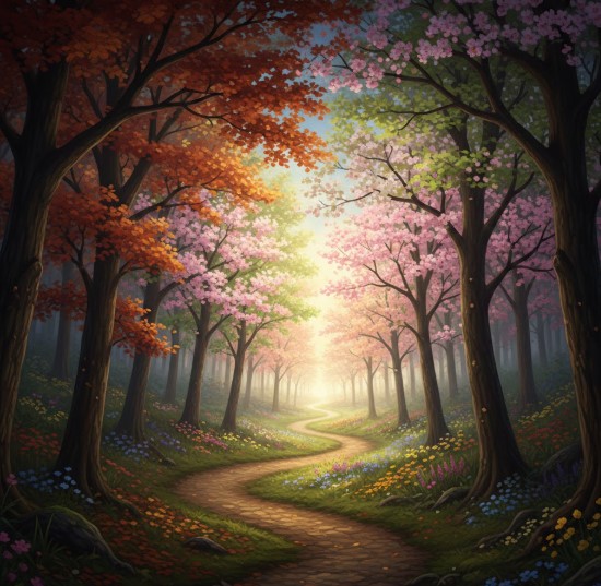 Ilustración de un sendero serpenteante en un bosque con árboles en otoño y cerezos en flor