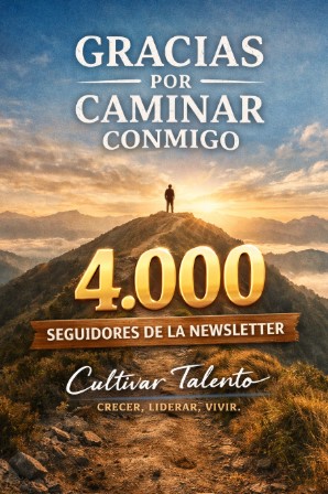 Cartel Gracias por caminar conmigo, 4.000 seguidores de la newsletter Cultivar Talento, sobre una montaña