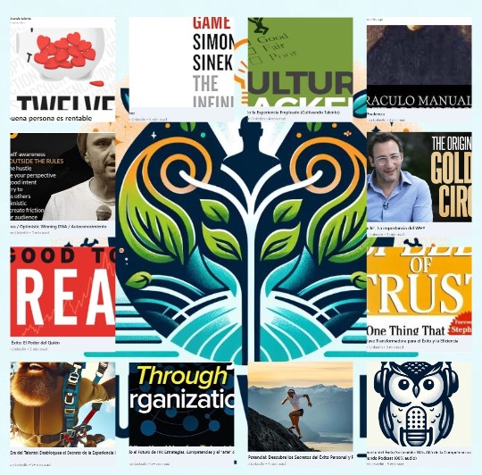 Collage de portadas de capítulos de la newsletter en torno al logo Cultivando Talento