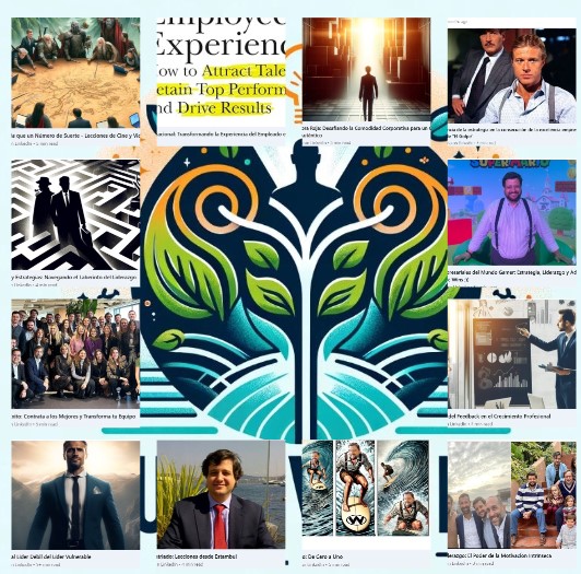 Mosaico de capítulos sobre talento y experiencia del empleado alrededor del logo Cultivando Talento