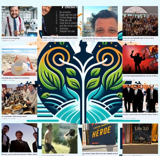Mosaico de capítulos sobre cultura y confianza rodeando el logo de la newsletter Cultivando Talento
