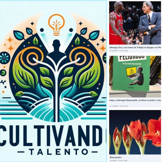 Logo de Cultivando Talento, figura humana formada por hojas verdes, junto a portadas de capítulos