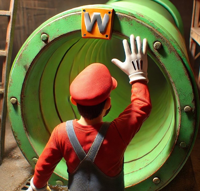 Personaje estilo Mario frente a una tubería verde con placa de la letra W de W Executive