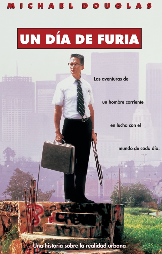 Cartel de la película Un día de furia con Michael Douglas con maletín ante una ciudad