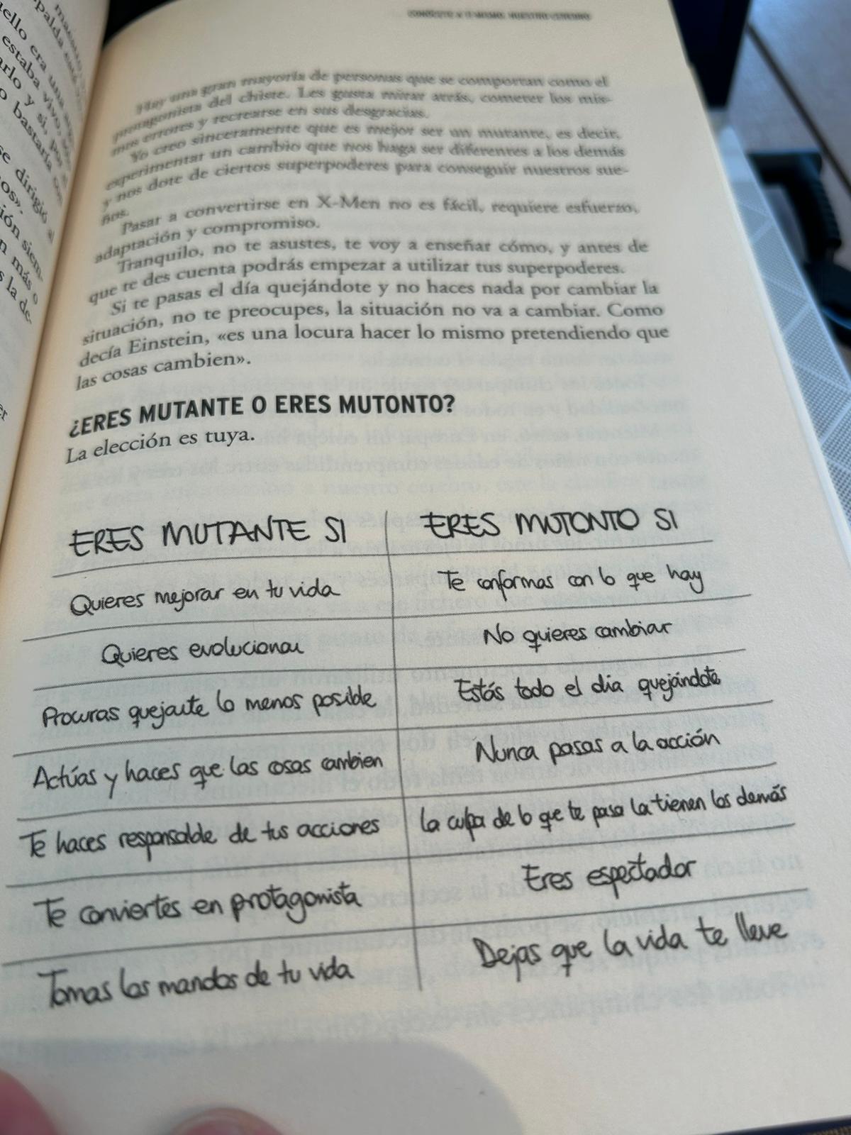 Página del libro con la tabla Eres mutante si frente a Eres mutonto si