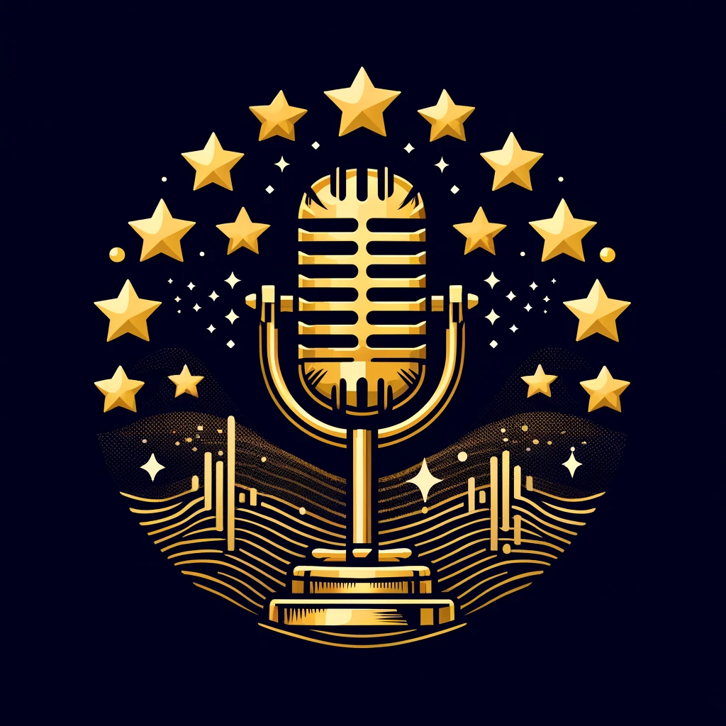 Logo dorado de un micrófono de podcast rodeado de estrellas sobre fondo azul oscuro
