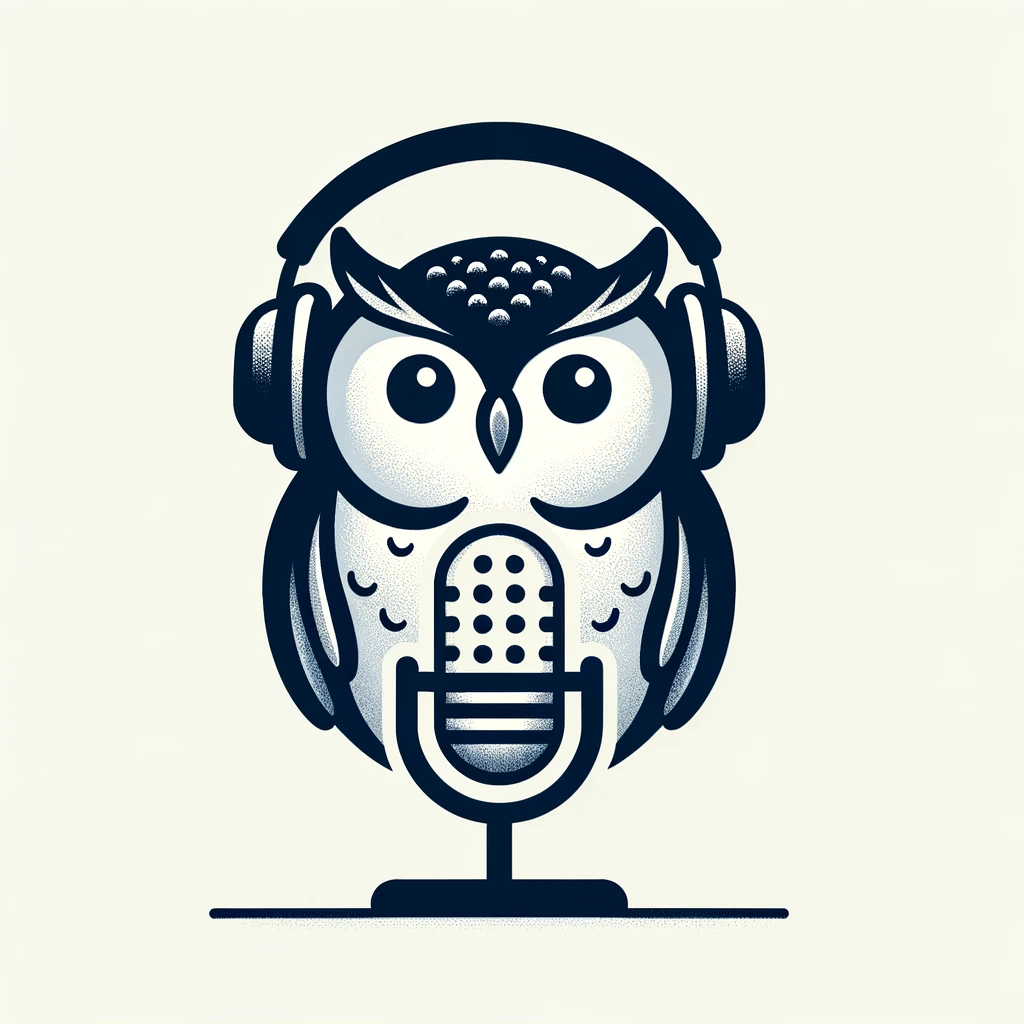 Ilustración de un búho con auriculares ante un micrófono de podcast