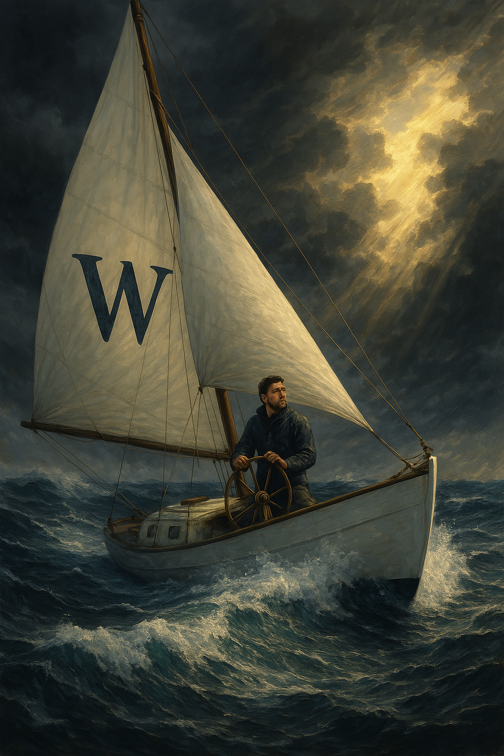 Marinero al timón de un velero con la letra W navegando un mar embravecido bajo tormenta