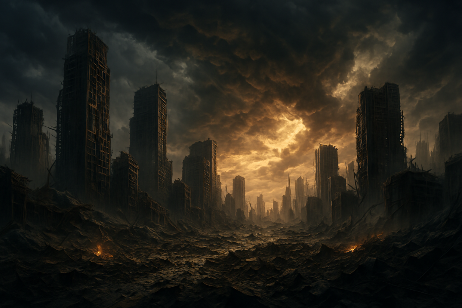 Ciudad en ruinas con rascacielos destruidos bajo un cielo oscuro y apocalíptico
