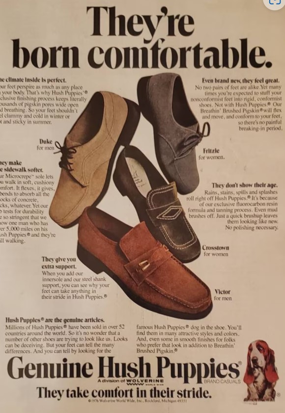 Anuncio vintage de zapatos Hush Puppies con el lema They're born comfortable