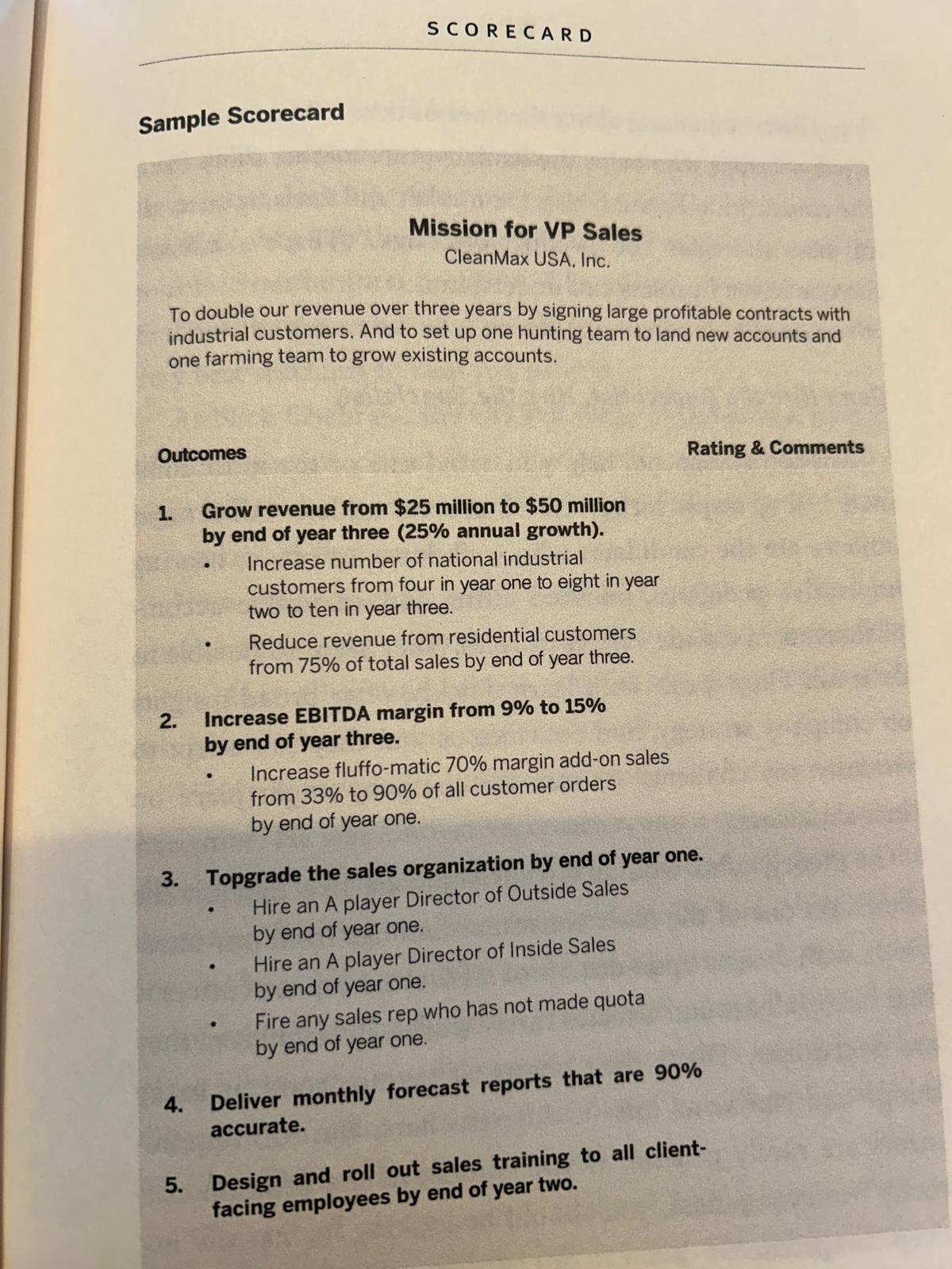 Página del libro con un ejemplo de Scorecard con la misión y resultados de un VP de Ventas