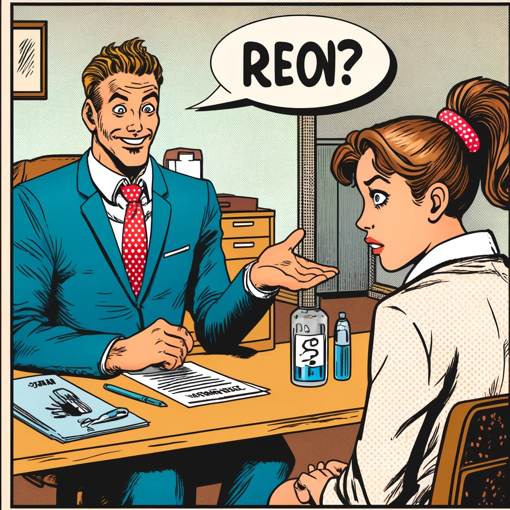 Viñeta estilo cómic de una entrevista de trabajo entre un hombre y una candidata
