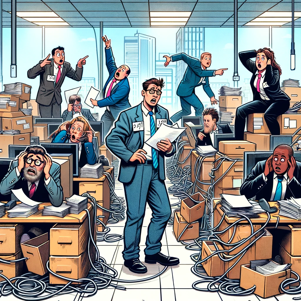 Ilustración de una oficina caótica con empleados estresados entre cajas y cables enredados