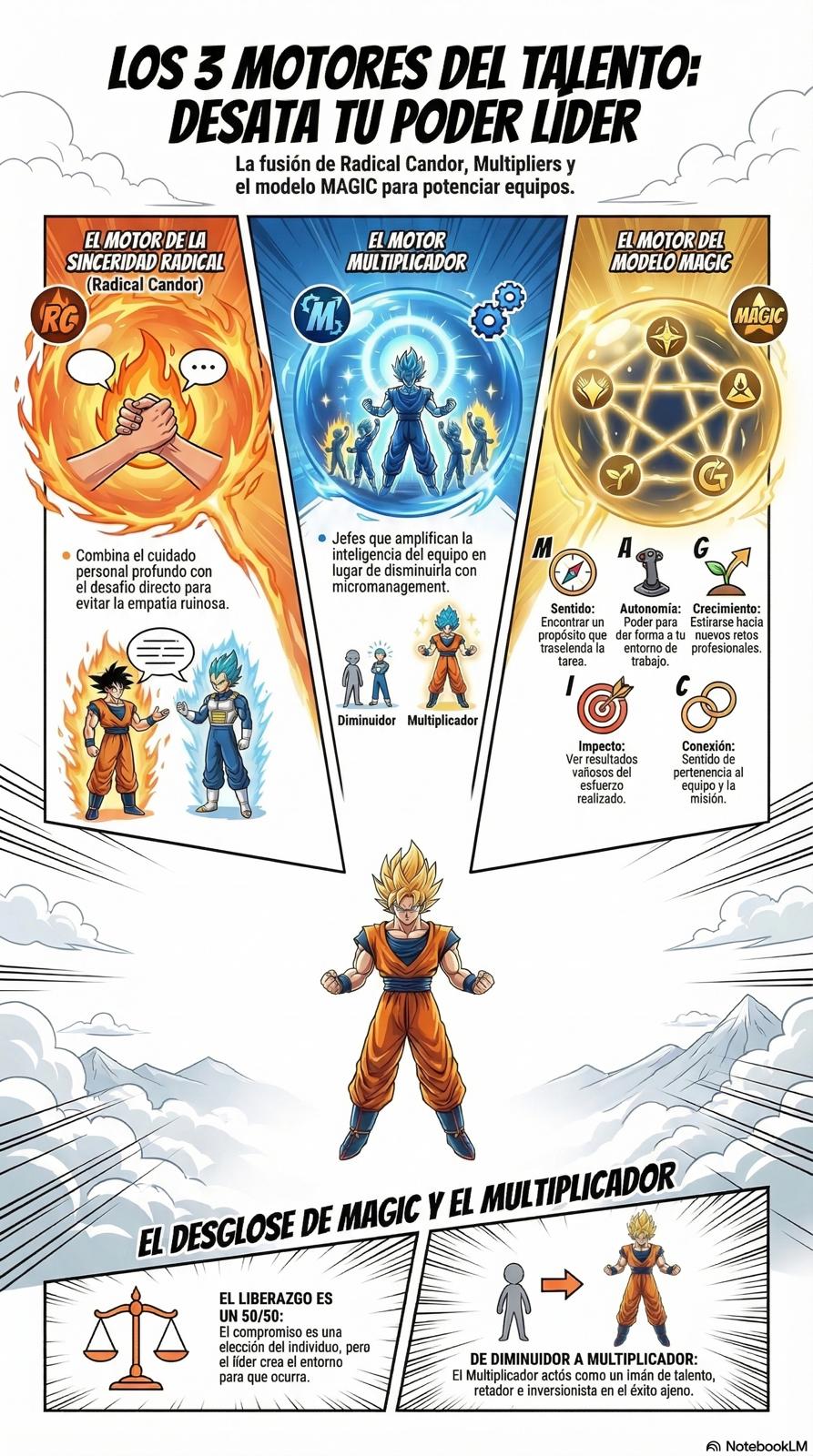 Infografia estilo Dragon Ball con los 3 motores del talento: Radical Candor, Multipliers y modelo MAGIC