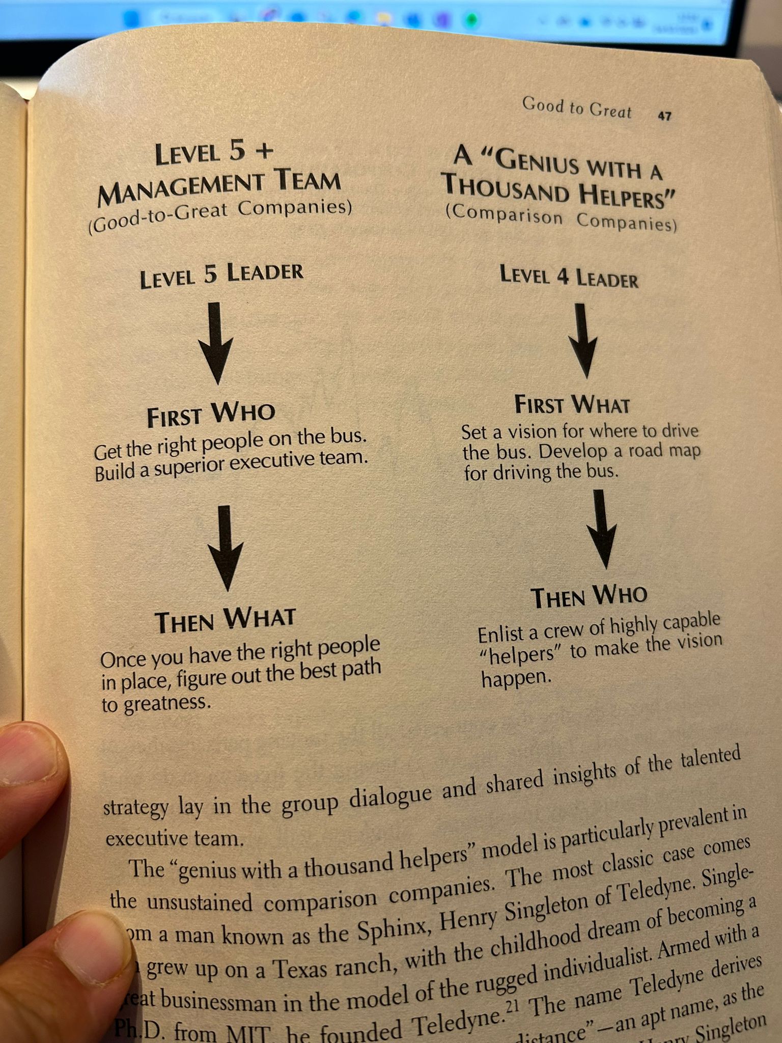 Pagina del libro Good to Great comparando equipo Nivel 5 con genio rodeado de mil ayudantes: primero el quien, luego el que