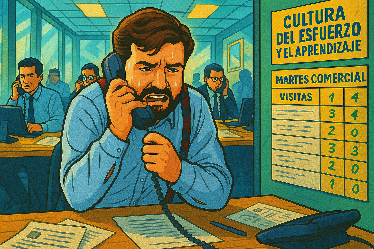 Ilustracion de comercial tenso haciendo llamadas en una oficina con pizarra del martes comercial