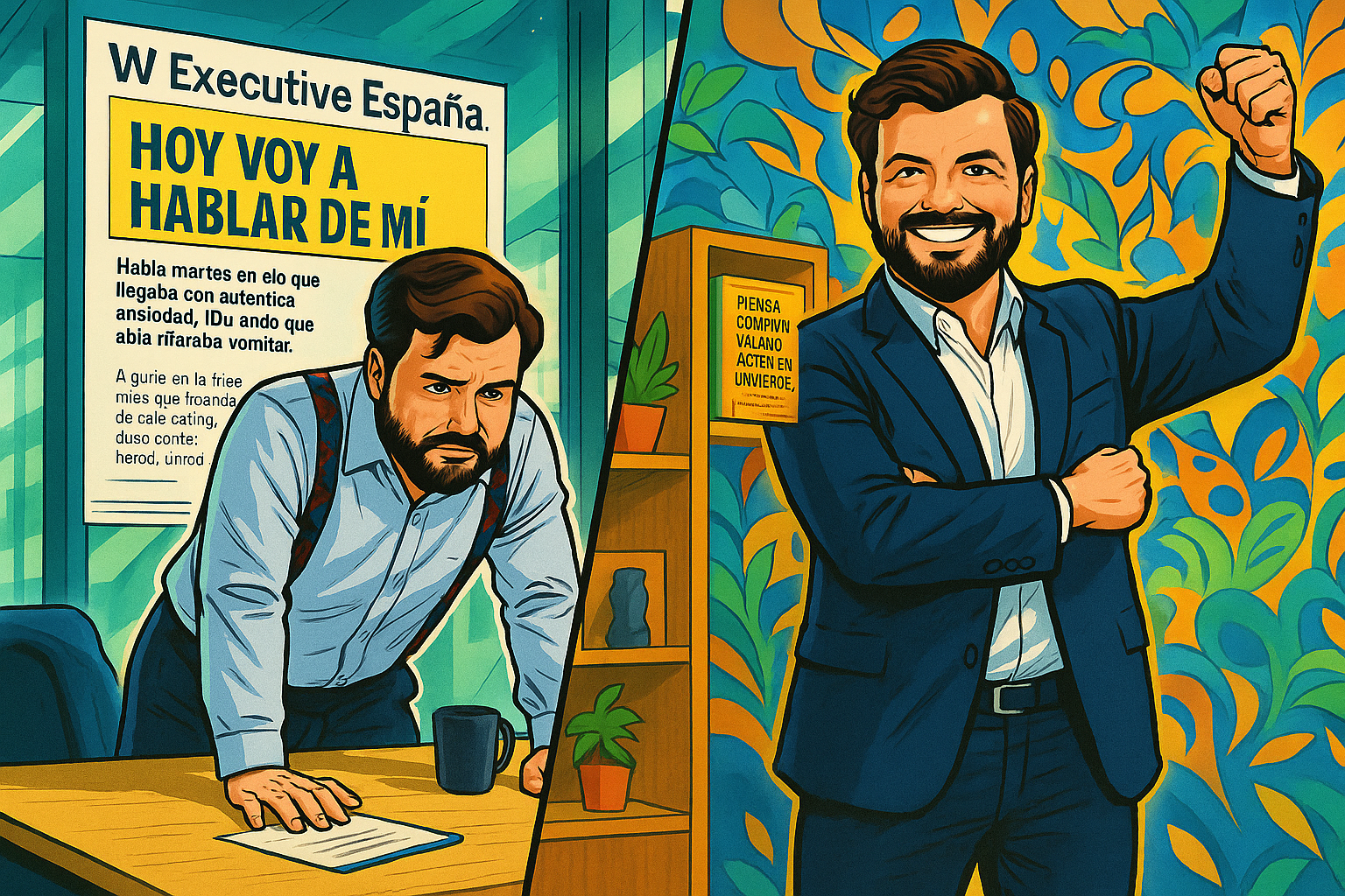 Ilustracion que contrasta a un profesional agobiado en el pasado con su version segura y triunfante hoy