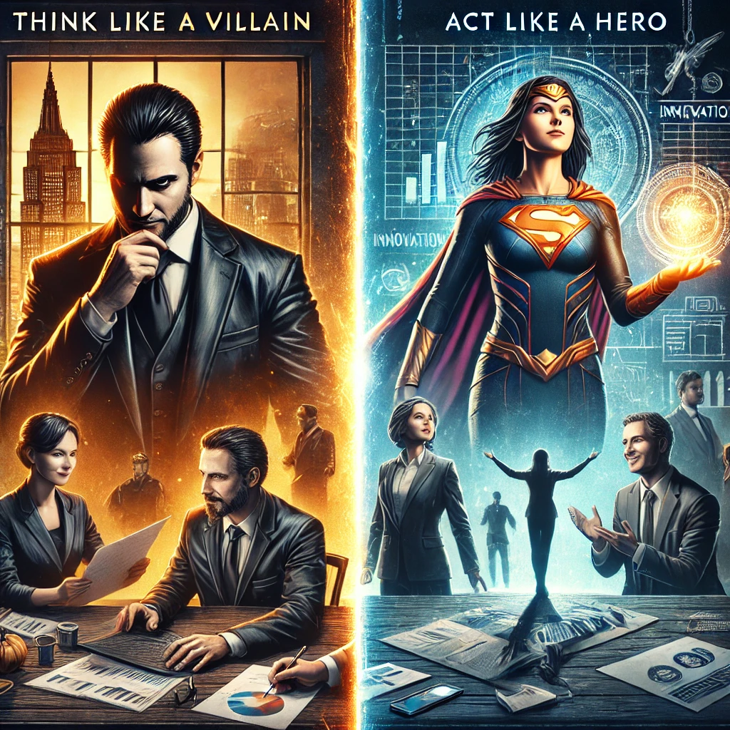 Composicion dividida que contrasta pensar como villano con actuar como heroe estilo superheroe