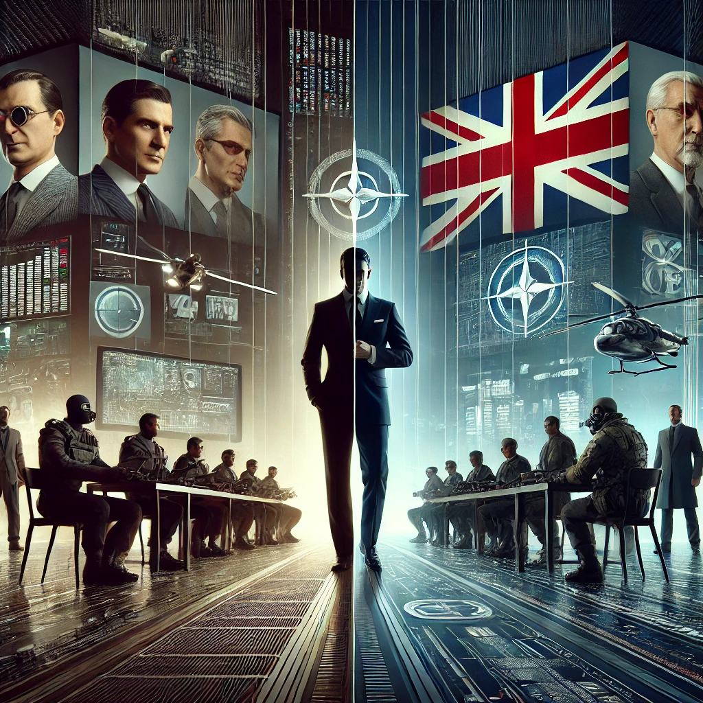 Ilustracion de espia con esmoquin estilo James Bond ante salas de reunion, bandera britanica y tecnologia