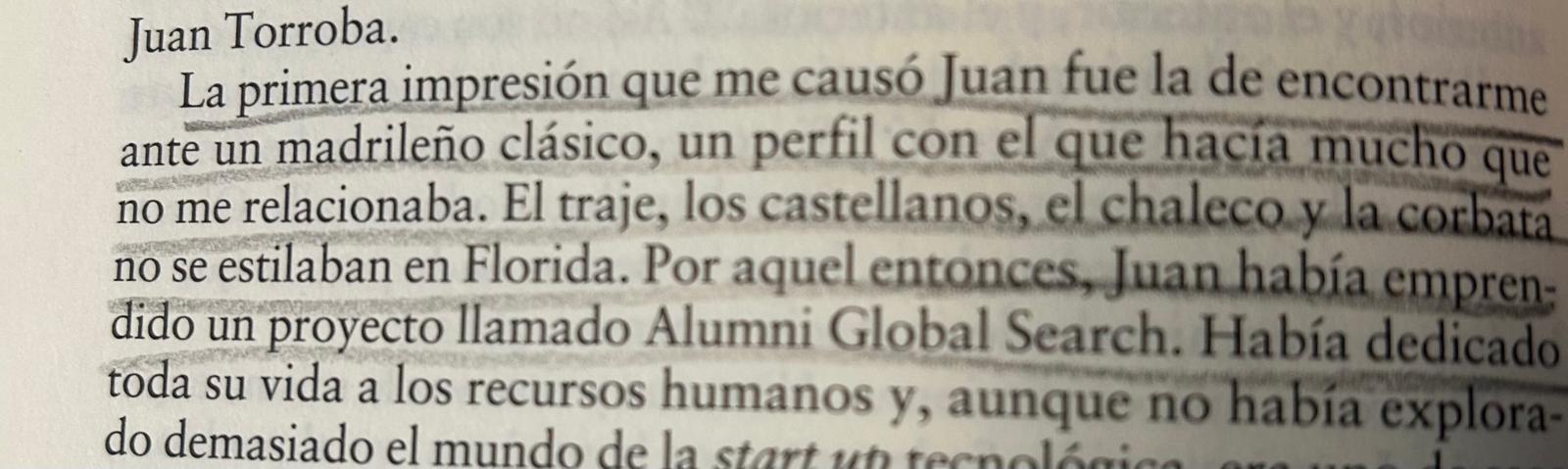 Pagina subrayada del libro que describe a Juan Torroba y su proyecto Alumni Global Search