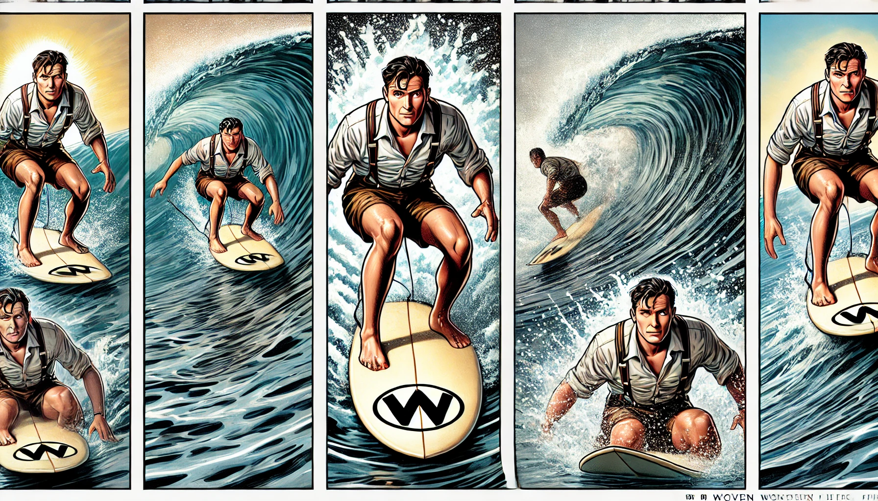 Ilustración en viñetas de un surfista sobre una tabla con el logo W cabalgando varias olas
