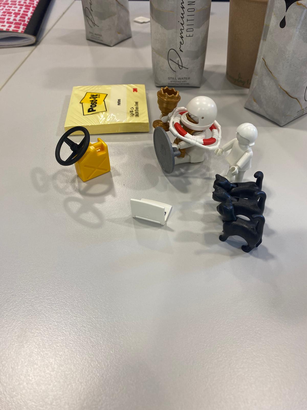 Modelos construidos en una sesión de LEGO Serious Play sobre una mesa con notas Post-it