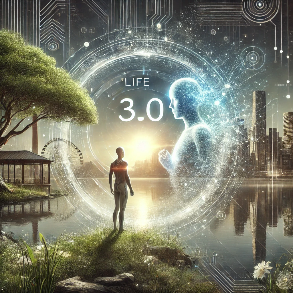 Ilustración con el texto Life 3.0, una figura humana, naturaleza y una ciudad futurista