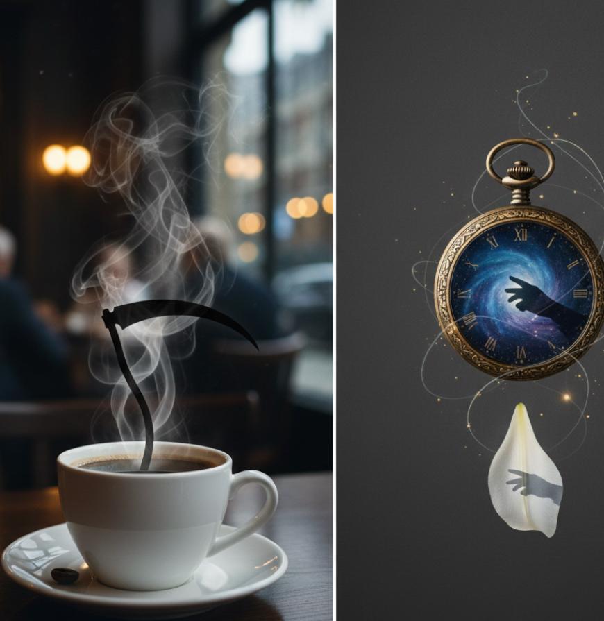 Taza de café humeante con silueta de guadaña y reloj de bolsillo cósmico, alegoría del tiempo