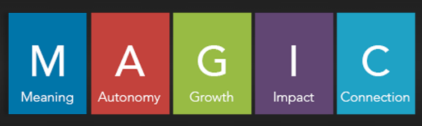 Infografía del modelo MAGIC: Meaning, Autonomy, Growth, Impact y Connection en bloques de colores