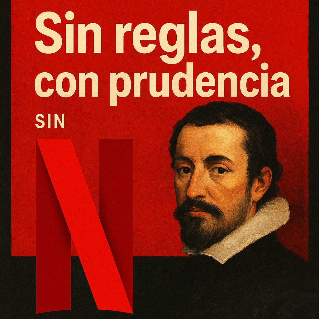 Composición Sin reglas, con prudencia con la N roja de Netflix y un retrato de Baltasar Gracián