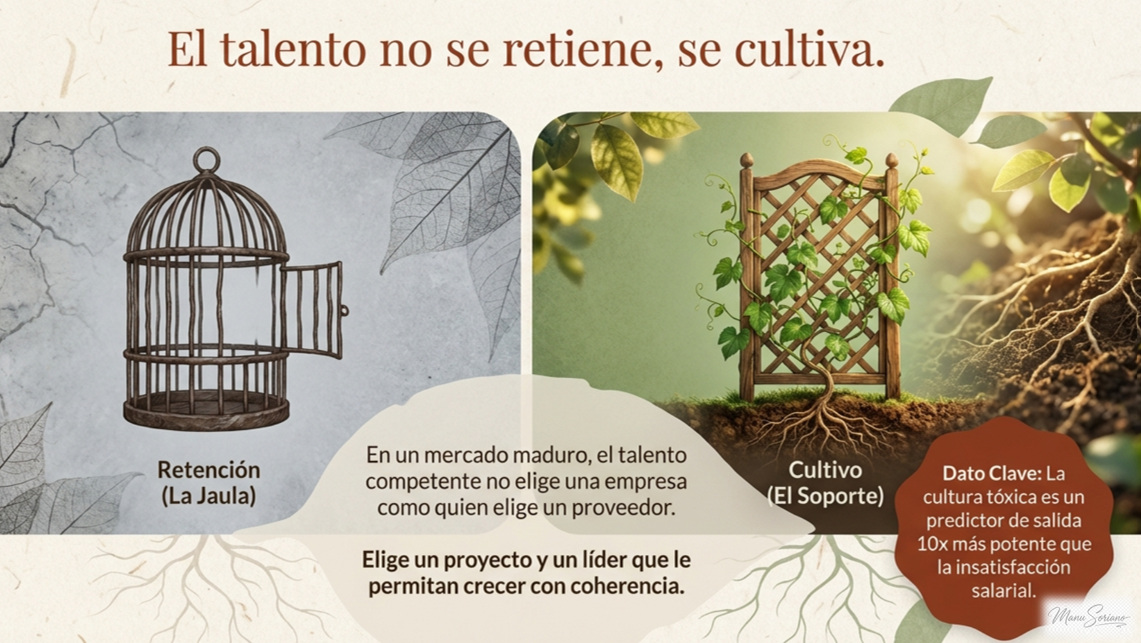 Contraste visual entre retencion como jaula vacia y cultivo como enrejado con planta creciendo