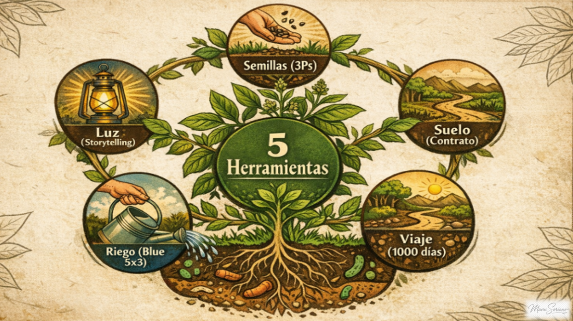 Diagrama de las 5 Herramientas de Cultivar Talento: Semillas, Suelo, Riego, Viaje y Luz
