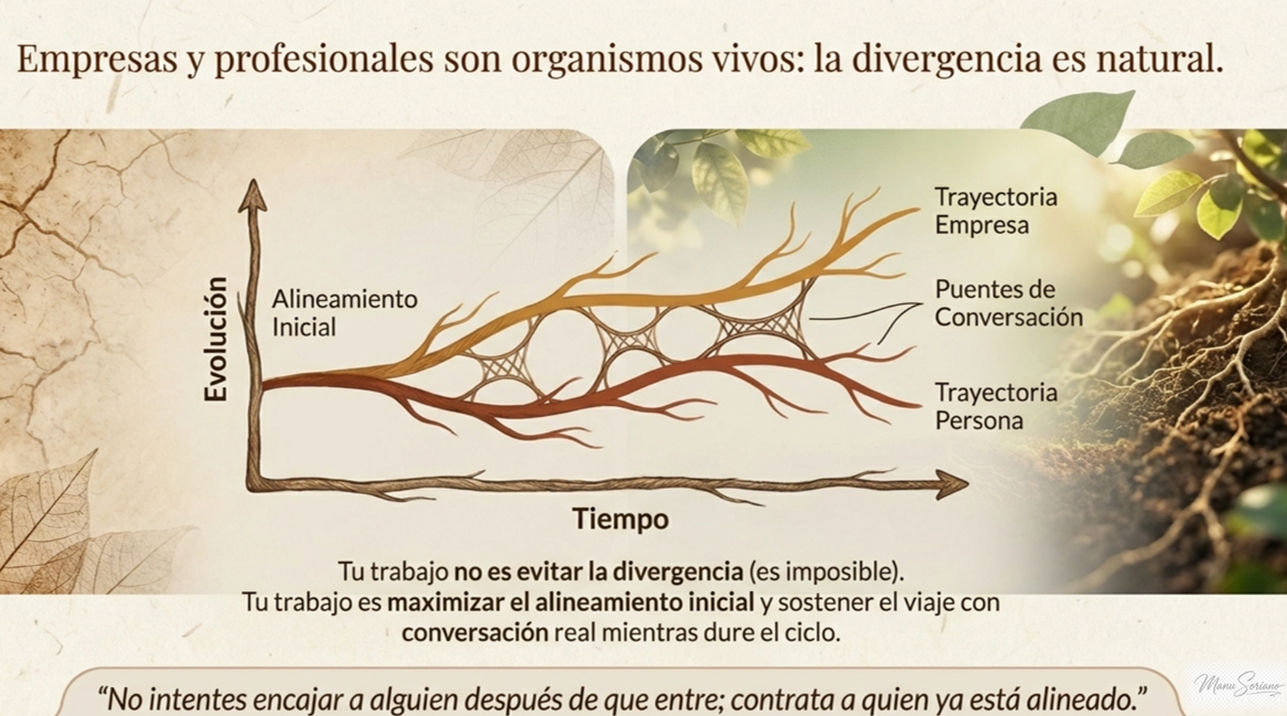 Grafico de empresa y persona como organismos vivos que divergen en el tiempo y se reconectan