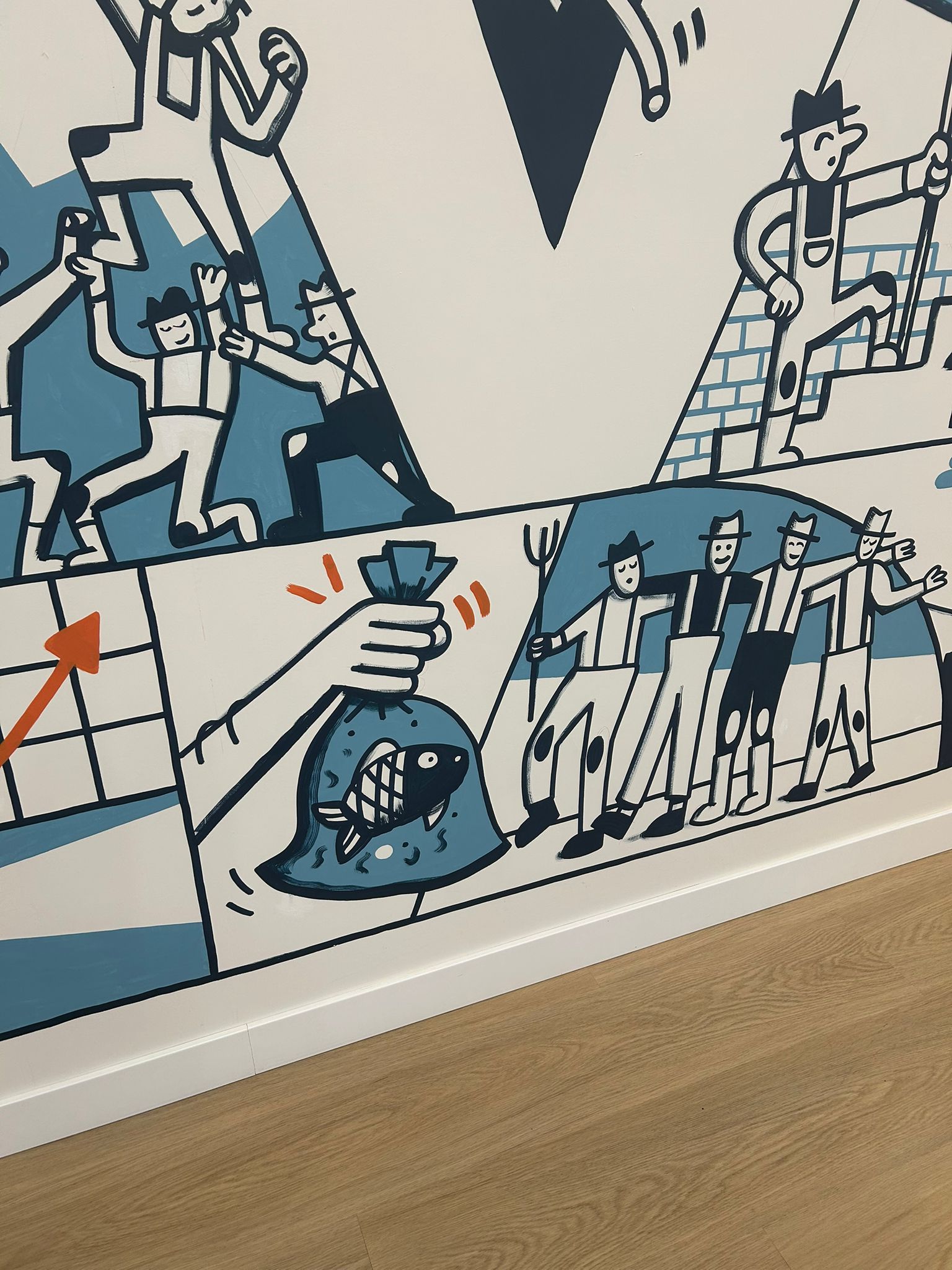 Detalle del mural con los granjeros socios fundadores y la figura que sostiene un pez, guino a Jerry Maguire