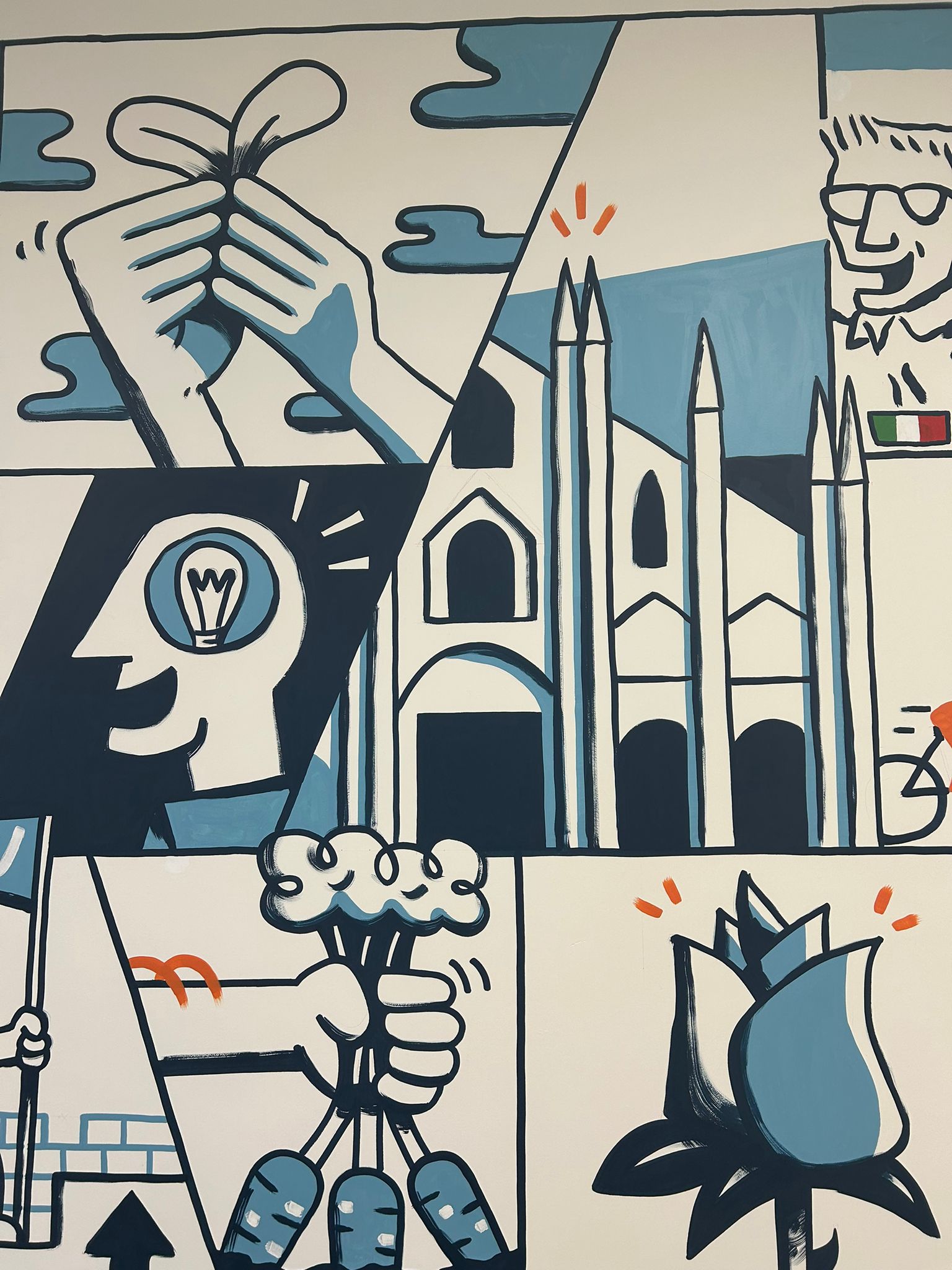 Detalle del mural con el Duomo de Milan, una idea iluminada y una rosa azul brotando