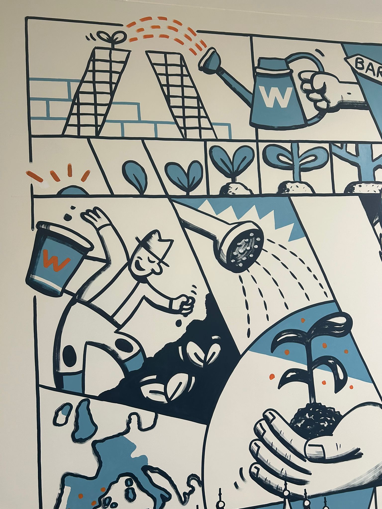 Detalle del mural con manos regando semillas y brotes, metafora de cultivar talento