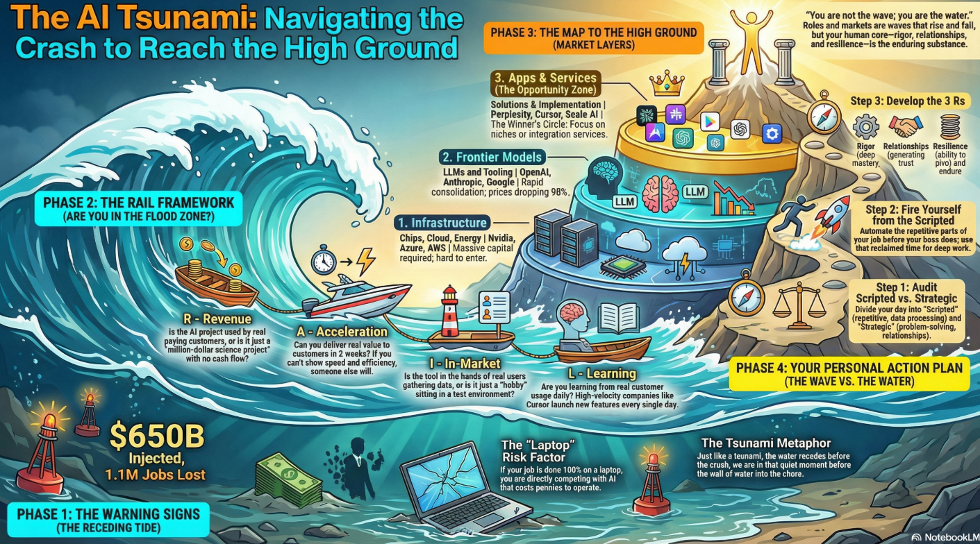 Infografia The AI Tsunami con el framework RAIL y un plan de accion ante la ola de la IA